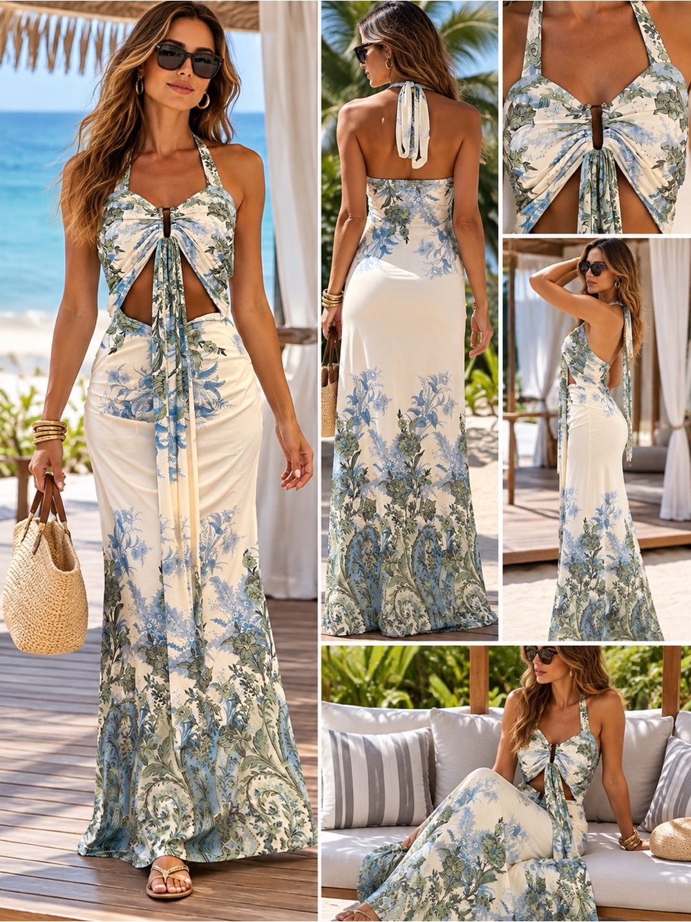 Floral Halter Cutout Maxi Dress Blue Green Resort Beach Vacation Size L